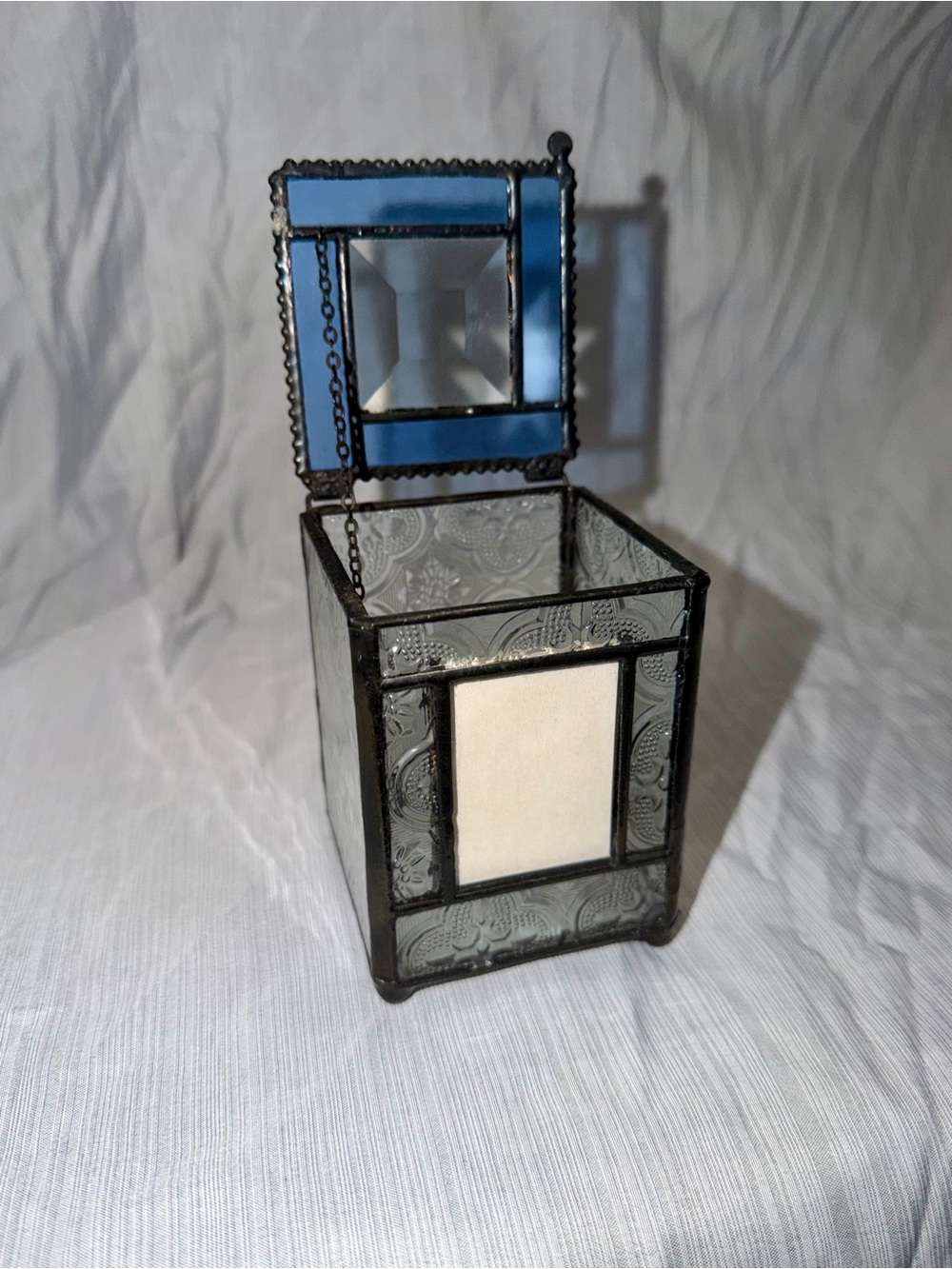 Vintage J. Devlin Iridescent Blue Stained Glass Art Trinket Box Metal Love Photo